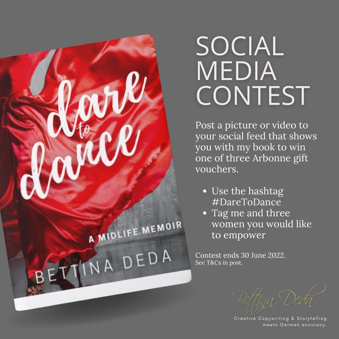 Dare to Dance social media contest, midlife memoir, bettina deda