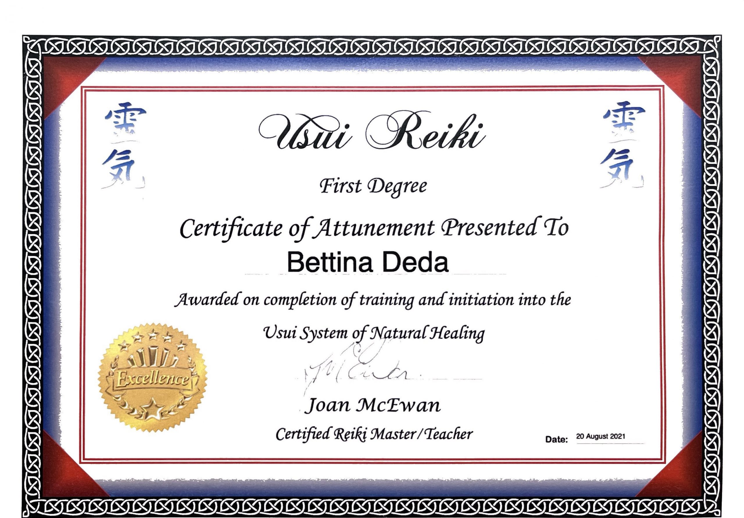 Reiki level 1 certificate, Bettina Deda